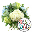 A joyful Father's Day scene is captured here, showing a fresh hydrangea bouquet and a bright For the BEST DAD EVER! foil balloon arranged together on a pure white background, as if ready to be sent out from a friendly Golders Green florist. The bouquet fills the left side of the image, shaped into a generous, rounded dome of hydrangea heads. Creamy white hydrangeas sit at the centre, their tiny overlapping petals giving a pillowy softness that feels both elegant and comforting. Nestled around them, cool light blue hydrangeas bring a soothing, peaceful tone, while lively lime-green hydrangeas add bursts of energy along the bottom left and upper right, making the design feel fresh and modern. Between the flower heads, sprigs of silvery eucalyptus and rich, dark green foliage weave through, creating contrast in texture and suggesting a cool, herbal fragrance, much like the crisp air in nearby Golders Hill Park. The stems are clearly gathered at the bottom, visible and neatly tied, highlighting the skilled hand-tied workmanship behind the arrangement. On the lower right, overlapping the blooms, is a round, shiny foil balloon that instantly conveys the occasion. It features a clean white centre with bold black-and-white striped bands running along the top and bottom. The main message, For the BEST DAD EVER!, is written in a mix of fun fonts and colours. BEST and DAD stand out with patterned letters in red, teal, green, and black polka dots, and a tiny No. 1 rosette marks the B. Around the lettering, small stars and confetti-like dots in yellow, teal, red, and black dance across the surface. Together, the bouquet and balloon radiate warmth, gratitude, and celebration, ideal for honouring a special dad in Golders Green on Father's Day or his birthday.