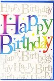 In this image, a vividly designed birthday card fills the scene, its front radiating the same lively spirit you might sense on a birthday evening out in Golders Green. The central feature is the phrase Happy Birthday, presented in large, friendly letters that gently arc across the card as though lifted by a breeze. Each letter is drenched in a smooth spectrum of colour, gliding from rich berry red and bright tangerine through warm golden yellow to crisp green, sky blue, and deep violet, with the hues blending softly into one another. The finish on these letters is glossy and slightly raised, so they appear almost three-dimensional, reflecting light in a way that makes the colours seem to glow. Behind the bold greeting, the background is a soft, creamy white, over which the words Happy Birthday to you are repeated in fine, looping gold script, like lines of a favourite song murmured under your breath. The calligraphy has a delicate, hand-written feel, and the metallic gold ink catches the light in gentle flashes, similar to how evening sun glints off car roofs along nearby Finchley Road. Tiny points of reflective sparkle are scattered around the main text, suggesting confetti or glitter dust, adding a playful, party-ready touch without overwhelming the design. The balance of vivid rainbow lettering and subtle golden detail gives the card a polished yet joyful character. It feels ideal for offering heartfelt wishes to someone special, whether they're gathering friends for a lively celebration near Golders Green station or enjoying a quiet birthday tea at home, the card acting as a bright, cheerful focal point on the table.
