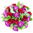 In this overhead photograph, a lush, perfectly rounded bouquet seems to float against a clean white background, every detail of its red and purple blooms clearly defined. The roses, a deep and luxurious crimson, anchor the design; their petals appear smooth and velvety, curling inward in tight, elegant spirals that suggest intimacy and trust. Alternating with the roses, the purple carnations add dynamic texture, their many fine, rippling petals creating an impression of movement and fullness, as if each flower were a soft, colourful puff of fabric. The colour contrast between the passionate reds and vivid royal purples is striking yet harmonious, softened by an enveloping collar of greenery. Broad, dark green leaves, likely Ruscus or Salal, fan out around the blossoms, their surfaces glossy enough to catch the light, while sprigs of eucalyptus with round, silvery-green leaves peek delicately through the design. The lighting is clear and even, like daytime in a Golders Green studio near the tube station, and it highlights the subtle gradients of colour within each petal. Together, the flowers and foliage give an impression of thoughtful craftsmanship and care, as if arranged for a heartfelt occasion-a romantic anniversary dinner in a home off Hoop Lane, a special birthday surprise, or a congratulatory gesture for someone starting a new chapter nearby. Though the image is silent, it quietly hints at scent: the gentle sweetness of roses intertwined with a fresh, clean eucalyptus note. Overall, the bouquet radiates a mood of celebration, admiration, and refined beauty, ideal for same-day delivery across Golders Green and the surrounding NW11 neighbourhoods.