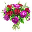 A full, hand-tied bouquet of crimson red roses and richly coloured purple carnations stands out vividly against a stark white background, every detail clear and precise as though you are standing beside the florist's bench in Golders Green. The roses, with their velvety petals and classic, spiralled form, serve as the main points of focus, each one a deep, passionate red that calls to mind anniversary dinners or Valentine's surprises. They are spaced so that no single bloom dominates, but together they create a rhythm of colour and form throughout the bouquet. Surrounding and cradling them, generous clusters of carnations in shades of magenta, violet, and darker plum add volume and softness. Their finely ruffled petals overlap in dense layers, creating a feathery, almost cloud-like appearance that contrasts beautifully with the smooth, sculpted look of the roses. Mixed among the blooms are glossy green leaves, likely similar to Ruscus, that frame the flowers and give the arrangement a defined silhouette, while slim stems of eucalyptus in a muted, silvery green weave in and out, introducing a hint of gentle movement and cool tone. The stems at the base are gathered and trimmed to an even length, tied securely with a slender red fastening that is just visible, a hallmark of a carefully crafted hand-tied design. The plain white background intensifies the colours, making the reds richer and the purples more luminous, as if the bouquet has been freshly prepared for same-day delivery to a home near Golders Hill Park or a quiet celebration just off Finchley Road. The overall impression is one of romance, sophistication, and heartfelt emotion, perfectly suited to marking a meaningful moment.