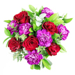 A richly coloured bouquet of deep crimson roses and vivid purple carnations is shown in close detail, as if freshly prepared on a florist's bench in Golders Green. The roses, with their full, velvety petals and classic spiral centres, rise from the heart of the arrangement, some blooms fully open, others just beginning to unfurl, creating a sense of depth and unfolding romance. Around them, clusters of purple carnations burst with ruffled petals, forming soft, cloud-like textures that contrast beautifully with the smoothness of the roses. The palette is intense yet harmonious: the red leans toward a warm, passionate wine tone, while the purple feels bright and uplifting, almost electric against the surrounding greenery. Encircling the blooms, glossy green leaves arch outward, giving the bouquet its rounded, generous silhouette. Threaded through this lush foliage are stems of eucalyptus, their matte, silvery-green leaves adding a cool, modern touch and suggesting a crisp, clean scent that tempers the sweetness of the flowers. The lighting is gentle and even, allowing every hue and texture to be clearly seen-the sheen on a leaf, the slight shadow where petals overlap, the subtle variations in colour from petal edge to petal base. This arrangement would look perfectly at home on a kitchen table in a flat near Golders Green Road or on a desk in a small office by the station, bringing with it a sense of joy, confidence, and heartfelt care. It feels ideal for anniversaries, birthdays, or simply sending a vivid burst of affection to someone special nearby.