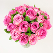 A lush, rounded bouquet of roughly two dozen pink roses is gathered with care and set in a simple clear glass vase against a pristine white background. Each bloom is fully or nearly fully open, the petals unfurling in layered spirals that move the eye from a deep fuchsia heart to softer rosy pinks and pale blush at the outer edges. The velvety texture of the petals is palpable in the way the soft light skims each curve, producing subtle gradients of colour and a gentle satin sheen. Dark, glossy green leaves are tucked between the heads, their cool tones giving the composition fresh contrast and a natural, garden-picked feel. Photographed from a slightly elevated, overhead angle, the image emphasises the bouquet's generous fullness and near-perfect dome shape, so it reads as abundant and comforting even on a pared-back white field. The overall impression is quietly romantic and celebratory: a bouquet that suggests warm greetings for an anniversary, thoughtful congratulations, or a tender Mother's Day gesture. There is an implied scent-softly powdery and unmistakably rose-like-that seems to rise from the cluster of blossoms, conjuring early-morning markets around Golders Green and the calm of arranging flowers at a local shop bench. As a florist would explain to a customer, the arrangement balances rich colour depth with delicate outer tones, offering both visual drama and intimate softness-a statement of affection crafted with familiarity to the neighbourhood around Golders Green Road and the station.