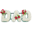 A deeply symbolic, three-dimensional funeral tribute spells the word DAD in large, block letters, each letter lovingly carpeted with hundreds of small, pristine white chrysanthemum blooms. The chrysanthemums form a soft, cloud-like texture across every surface, their tiny petals creating a uniformly pure canvas that reads of peace and devoted love. Each letter is finished with a crisp, emerald-green pleated ribbon that traces the perimeter, giving clean definition and a touch of formality against the white blooms. Artfully arranged clusters punctuate the letters: a flourish of rich red roses with delicate white freesia and glossy green foliage on the upper curve of the left D, a matching cluster near the base of the left stem of the A with a small loop of bright greenery rising like a quiet accent, and a final mirrored spray of red roses, white freesia and leaves on the right D. Subtle, dark green metal supports run horizontally behind the letters to stabilise the composition, barely visible but essential to its dignified presence. The scene is set against a bright white background under soft, even light, which highlights the velvety rose petals, the freesia's pale centres, and the feathery chrysanthemum texture while suggesting the quiet gravity of a memorial moment. There is a faint suggestion of rose perfume and the clean freshness of freesia in the imagination, enough to evoke memory without overwhelming. This bespoke sympathy arrangement is suited to a graveside or chapel service near Golders Hill Park or the Golders Green Crematorium, offering a personal, crafted way to honour a father with reverence and understated beauty.