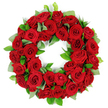 A deeply symbolic and visually evocative wreath in rich red rests on a white background, a classic circular tribute that speaks of love, courage, and remembrance. The roses are densely arranged, their velvety petals layered in a way that suggests freshness and enduring vitality, while interspersed clusters of bright green foliage-broad eucalyptus-like leaves and slender ruscus-provide a verdant counterpoint that makes the crimson glow with quiet intensity. The wreath forms a perfect, unbroken ring, a timeless symbol of memory and condolence, crafted with the patient care of a local florist. The light across the blooms is soft and flattering, highlighting the rich texture of each petal and casting gentle shadows that give the piece depth and presence. Against the immaculate white backdrop, the deep red blooms seem to glow with dignity, evoking solemn ceremonies, memorials, and anniversaries. This dignified arrangement is ideal for funerals, remembrance services, and tribute features, and it would resonate with families across Golders Green, Cricklewood, and the surrounding NW11 corridor who seek a heartfelt expression of sympathy. Available for delivery through Flowers Golders Green, this wreath exemplifies freshness, reliability, and the quiet power of floral memorials in local ceremonies or at chapel services across Golders Green and nearby communities.
