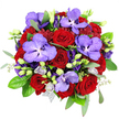 Captured from above on a spotless white background, this bouquet appears as a rich, rounded pool of reds and purples, like a floral artwork crafted in a Golders Green studio close to the high street. In the centre, deep red roses dominate, their velvety petals forming tight spirals that curl gracefully outwards, each bloom brimming with the classic symbolism of passion, devotion, and heartfelt affection. Interlaced among these iconic flowers are striking Vanda orchids with wide, lavender-purple petals, each surface dusted with intricate dark violet speckles that resemble starfields or delicate lace, bringing an exotic, high-end feel to the design. Around and between them, violet lisianthus blooms and buds provide layers of texture and tone-open flowers show gently ruffled edges and soft, papery petals, while closed buds remain slender and bell-shaped, intensifying the bouquet's sense of depth and unfolding emotion. Lighter lavender florets or tiny rosebuds punctuate the richer hues with subtle highlights, adding a touch of softness and approachability. Encasing the whole composition is a fringe of lush greenery: glossy, dark green rose leaves providing structure and density, while slender, silvery eucalyptus stems stretch outward with a cool, grey-green sheen that suggests a fresh, aromatic note. Fine filler greens threaded throughout lend an airy intricacy, as if the bouquet were still alive in a garden. At the bottom centre, just visible, is a hint of silvery-grey mesh or netting, hinting at a refined hand-tied wrapping suitable for same-day delivery across Golders Green and Brent Cross. The overall impression is one of luxurious romance and celebration, a bouquet that feels both bold and tender, perfect for marking major anniversaries, romantic milestones, or any moment that deserves a dramatic yet elegant gesture.
