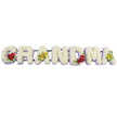 In this image, the word GRANDMA is spelled out in a beautifully composed funeral flower tribute, photographed against a clean white background that emphasises every detail. Each capital letter is fully covered with tiny, tightly packed white chrysanthemums, their rounded petals forming a smooth, velvety texture that feels both soft and dignified. Around the base of each letter runs a narrow halo of pale lavender or soft purple blooms, perhaps statice or miniature asters, providing just enough colour to define the shapes while preserving the calm serenity of the white. The design is thoughtfully accented: on the lower left curve of the opening 'G', a trio of deep red roses is nestled among glossy dark green foliage, a bold symbol of love and remembrance. The first 'A' carries two yellow-green orchids laid across its crossbar, their reddish-brown centres adding warmth and personality to the tribute. The 'R', 'N', and 'D' remain pure in their white and lavender palette, allowing the eye to rest on their even, sculpted surfaces. The 'M' then introduces another small cluster of red roses on its lower right side, echoing the opening letter, while the final 'A' mirrors the first with another pair of chartreuse orchids. All seven letters are aligned on a slim dark metal frame, almost invisible from the front, ensuring the tribute is ready to be placed at a funeral service, chapel, or graveside around Golders Green. The overall impression is one of quiet affection and gratitude, as if family memories from nearby streets and parks are gently woven into every bloom.