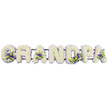 A personalised funeral flower tribute spells out GRANDPA in bold, capital letters, each one standing side by side in a clear horizontal arrangement that would sit gracefully at a crematorium chapel or graveside in Golders Green. Every letter is densely covered with countless small white chrysanthemums or carnations, the blooms pressed tightly together to form a thick, pillowy layer of petals that looks smooth from a distance yet richly textured up close. The white flowers convey a sense of purity and calm, softening the starkness of loss and inviting quiet reflection. Threaded through this white background are delicate bursts of deeper colour: clusters of purple and lavender blossoms, perhaps lisianthus or petite chrysanthemums, nestled with glossy green foliage. These accents are thoughtfully placed-one at the base of the 'G', another resting in the open heart of each 'A', and others shaping the 'R', 'D', and 'P'-creating gentle focal points that draw the eye along the name. The greens and purples offer a serene contrast, echoing the shades you might see in the landscaped planting around Golders Green Crematorium. Beneath the mass of petals, a dark green structural bar links all the letters together, almost disappearing behind the flowers but providing the strength needed to move and display the tribute securely. The result is a heartfelt, custom arrangement that speaks of devotion and gratitude for a beloved grandfather, the kind of carefully made piece a trusted Golders Green florist could deliver on behalf of a family seeking a tender, meaningful farewell.