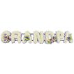 A carefully crafted funeral name tribute spells out GRANDPA in seven large, three-dimensional letters, placed side by side on a slim dark green frame and photographed against a bright white background for maximum clarity. Each letter is generously filled with tightly packed white chrysanthemums, or similar small, multi-petalled blooms, creating a thick, cushiony surface that looks soft to the touch and symbolises purity and peace. Tracing the outer edge of every letter is a narrow border of lilac and purple blossoms, probably statice or heather, forming a delicate halo of colour that helps each letter stand out while keeping the overall impression serene. Within certain letters, the florist has introduced thoughtful accent clusters: on the 'G' and first 'A', sprigs of graceful white lily-type flowers sit among fuchsia and deep pink blooms with hints of rich purple, all supported by dark green foliage. The 'D' and another 'A' echo these groupings, occasionally featuring small green button chrysanthemums that lend a lively flash of brightness among the whites and mauves. The composition feels balanced and ordered, with the letters aligned in a straight line as they would appear on a stand in a chapel or crematorium serving the Golders Green community. Soft, even lighting reveals the natural sheen of the petals and the subtle differences in texture between the fluffy chrysanthemums and the finer accent flowers. This floral tribute carries a strong emotional weight, offering a quiet, dignified way for a family to say farewell to their grandad, perhaps after years of Sunday visits, gentle walks around Golders Hill Park, and stories shared across generations in North West London.