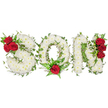 A tender, carefully shaped floral tribute spells the word 'SON' in three bold capital letters against a clean white background. Each letter is built from a cushion of small, pristine white spray chrysanthemums-packed closely to give a soft, pillow-like texture that reads as quiet reverence. Rich green ivy weaves through and around the white blooms, tracing each curve and angle to add organic depth and a hint of evergreen resilience. Deep, velvety red roses are placed as poignant focal points: a cluster of three at the upper left curve of the 'S', a single strong rose nestled at the bottom curve of the 'O' with delicate fern fronds fanning around it, and another vertical trio along the right side of the 'N', each grouping softened by glossy dark foliage. Natural, diffused light falling from above emphasizes the contrast between the pure whites, the intense crimson and the glossy green, while the faint, comforting scent of chrysanthemums and roses suggests a calm morning air. The overall impression is one of dignified love and solemn remembrance-a bespoke funeral letter tribute designed to convey respect, grief and enduring affection for a departed son. As a local floral piece suitable for memorial services, graveside tributes or wakes in Golders Green and nearby Finchley, this arrangement balances craftsmanship, symbolism and quiet beauty, offering families an expressive, heartfelt way to honour a cherished life without overpowering the solemnity of the occasion.