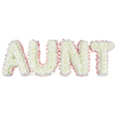 In this image, a dignified floral tribute to an aunt is presented as the word AUNT spelled out in tall, block capital letters, all standing in a neat row against a pure white background. Each letter is lavishly filled with small white chrysanthemum blooms, placed head to head so closely that they create a dense, cushion-like texture with no gaps, giving the arrangement a sense of fullness and generosity. The petals overlap in soft layers, catching the light and lending the flowers a luminous, almost glowing quality, while their pale yellow eyes add the faintest suggestion of warmth at the heart of each bloom. Encircling every letter is a pleated satin ribbon in a gentle blush pink, carefully ruffled to follow every curve and corner. This subtle touch of colour provides a tender contrast, outlining the letters and evoking a sense of femininity and loving remembrance often associated with a much-missed aunt. The composition is simple yet striking, the clean studio lighting ensuring that every petal, pleat, and contour is sharply defined. It is the kind of tribute families around Golders Green, Brent Cross, and the nearby residential streets might choose when they want something both traditional and personal for a funeral or memorial service. While you cannot see the surroundings, it is easy to imagine this floral tribute resting by the casket in a quiet chapel, or placed thoughtfully beside family wreaths, its calm white and pink tones offering a gentle, visual expression of gratitude, respect, and the many memories shared over the years.