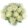 A tender bouquet of creamy white roses and feathery gypsophila, arranged with the quiet confidence of an experienced florist, invites the senses to linger. Each rose opens in generous spirals of soft ivory, their petal edges catching a cool, early-morning light so they seem to glow from within; the faintest hint of vanilla warms the white tones and gives a gentle, familiar sweetness to the composition. Fine clouds of baby's breath drift between the blooms, their tiny star-like flowers creating delicate halos that both soften and lift the heavier rose heads, producing an airy, weightless tension across the bouquet. Slim green leaves and subtle touches of foliage provide a natural anchor, their muted verdancy offering contrast without ever stealing the quiet mood. The stems are arranged with careful intent-angled and layered to let each bud breathe-so the overall impression is one of calm abundance rather than crowded fullness. In texture, the velvety rose petals contrast with the lacy, papery gypsophila to invite a tactile imagination; in scent, a faint, reassuring sweetness suggests a moment meant for reflection, comfort, or celebration. This is the kind of bouquet you might choose for a close anniversary, a gentle thank-you, or to offer solace after loss: understated, refined, and attentive. If you know Golders Hill Park on a fog-soft morning or the measured hush of Golders Green Road at dusk, this arrangement carries a similar soft hush-familiar, steady, and composed, ready to be placed on a mantelpiece or beside a bedside to hold a memory in bloom.