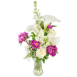 A celebratory bouquet composed with calm confidence, arranged in a gently curved clear glass vase that shows the water and the neatly trimmed stems. At the forefront, sculptural white calla lilies rise like porcelain trumpets, their smooth, glossy surfaces catching soft morning light and revealing pale yellow spadices at the center. A tall spire of white stock threads upward behind them, its clustered, fragrant florets adding a tactile vertical rhythm and a subtle peppery-sweet scent that plays against the lilies' coolness. Vivid magenta peonies provide theatrical contrast: two fully open blooms spill their velvety, ruffled petals in generous layers, while a smaller, closed bud promises a later, softer reveal. Near the base a classic creamy white rose anchors the composition, its tight spiral of petals offering a refined counterpoint to the peonies' exuberance. Wisps of baby's breath are tucked throughout, lending an airy, cloud-like texture that brightens the palette and softens transitions between flowers. Lush greenery, including narrow fern-like fronds and broader glossy leaves, frames each bloom and brings a fresh garden feel, the greens deepened by the clear water below. The overall impression is both modern and romantic, designed to mark birthdays, anniversaries, or new beginnings with understated luxury. As a local florist familiar with Golders Green, I imagine this piece delivered to a flat near Golders Hill Park or left on a kitchen table on Hoop Lane, the bouquet radiating calm celebration and thoughtful craftsmanship for anyone receiving it.
