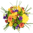 This overhead photograph captures a lavish, circular bouquet set against a pure white background, every detail clearly visible, as if laid out on a florist's table in the heart of Golders Green. The eye is first drawn to the generous cluster of yellow roses and large yellow chrysanthemums, their many-petalled heads pressed closely together to create a golden core that feels like a pool of sunlight. Radiating from this centre, bright orange gerbera daisies with dark central eyes pierce through the yellow, adding dynamic splashes of colour and a sense of movement, like the cheerful bustle of shoppers heading towards nearby Hampstead Heath on a sunny day. Between these bigger flowers, neatly packed lime green button chrysanthemums appear like tiny, cushiony domes, lending a crisp, modern texture and a cool freshness that balances the warmer tones. Threaded throughout the design, deep purple lisianthus blooms and tender buds peek from between petals, their rich, velvety colour grounding the bouquet and adding sophistication. Here and there, glossy red hypericum berries cluster in small groups, smooth and bead-like, introducing a subtle autumnal note and a textural contrast that you can almost feel beneath your fingertips. Slender lengths of bear grass arc out from the densely packed centre, softening the rounded outline and giving the whole piece a sense of graceful expansion. The mood is joyfully uplifting yet composed, ideal for birthdays, thank-you gestures, or simply brightening a home near Brent Cross or along Golders Green Road, with colours and forms that speak of care, celebration, and handcrafted floral artistry.