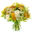 A lush, autumn-toned bouquet is captured upright against a stark white background, its hand-tied stems neatly aligned and wrapped at the base in green florist's tape to emphasise the craftsmanship behind the design. The flowers form a generous, domed cluster that seems to glow with warmth, echoing the colours of Golders Green's trees as they shift from summer to fall. Large chrysanthemums in deep golden yellow, burnt orange, and warm amber dominate the arrangement, their spiky, finely cut petals packed closely together to create a rich, almost cushion-like texture. Tucked between these are elegant roses in a soft cream-white, their petals gently unfurling in tight spirals that lend a refined, timeless quality to the bouquet. Bright yellow-orange celosia blooms add an intriguing, sculptural element, their velvety, coral-like folds and curves catching the light and drawing the eye. Threaded throughout are clouds of tiny white matricaria, each daisy-shaped flower with a miniature yellow centre, bringing a playful, meadowy charm that feels as if the bouquet has been freshly gathered from the hedgerows leading toward Golders Hill Park. Surrounding and supporting the flowers is an abundance of mixed greenery, including feathery lime-green solidago that rises in soft plumes, along with richer green foliage that frames and deepens the colour palette. The lighting is bright and even, with minimal shadow, so every petal edge, leaf vein, and textured surface is clearly visible. Altogether, the bouquet communicates warmth, gratitude, and quiet celebration, ideal for an autumn birthday, a heartfelt thank-you, or simply bringing a touch of seasonal beauty into a Golders Green living room or office.