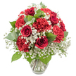 A rich, romantic bouquet of red and white flowers is captured in a crystal-clear glass vase, set against a pristine white background that accentuates its classic beauty. At the heart of the arrangement, sumptuous deep red roses unfold in tight, layered spirals, some just opening and others fully expressed, embodying timeless love and heartfelt emotion. Surrounding them, vibrant red carnations with their densely frilled petals provide a plush, almost velvety texture, giving the bouquet a generous, rounded fullness that feels both celebratory and intimate. Threaded delicately throughout, sprays of white baby's breath (Gypsophila) add tiny, cloud-like blossoms that soften the strong reds, creating a graceful dance between passion and purity. Fresh greenery, from glossy dark rose leaves to soft, rounded eucalyptus in a silvery-green hue, adds natural structure and depth, echoing the calm green spaces of nearby Golders Hill Park and the leafy residential streets of Golders Green. The transparent vase has a gently flared rim and a solid base, clearly showing the carefully cut stems resting in fresh water, a quiet testament to the florist's attention to detail. Bright studio lighting illuminates the arrangement evenly, enhancing the contrast between the crimson petals and white accents while keeping the overall mood warm and inviting. This bouquet feels ideal for romantic gestures, anniversaries, or Valentine's Day surprises delivered to homes and offices around Golders Green, conveying sincere affection, appreciation, and the comforting familiarity of a traditional, expertly crafted floral gift.