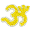The photograph shows a striking funeral tribute shaped into the sacred Om symbol, composed entirely of fresh yellow and white flowers set against a clean white backdrop. The Om itself is formed from tightly massed yellow blossoms, probably small chrysanthemums or marigolds, whose rounded heads press closely together to create a lush, velvety texture that seems almost soft under the eye. This golden field of petals follows the sweeping, calligraphic lines of the symbol, from the broad lower curves to the more refined upper strokes, before rising gently into the small circular mark at the top right. Framing this radiant centre, a crisp border of pure white flowers runs unbroken along every contour, providing sharp contrast and giving the Om a clear, dignified outline. The lighting is bright and even, causing the yellows to glow with a gentle warmth that suggests spiritual energy and blessing, while the surrounding whites feel calm, pure, and soothing. Visually, the arrangement balances movement and stillness, as if the flowing lines are frozen in a moment of quiet prayer. In the context of a Golders Green farewell, where many families draw on Hindu and South Asian traditions, this floral Om could rest beside a casket or at the heart of a memorial display, its soft fragrance and vivid colours bringing a sense of sacred presence to the room. The craftsmanship is evident in every carefully placed bloom, conveying not only technical skill but a deep respect for the beliefs of the person being honoured, and offering those in mourning a symbol of peace, continuity, and loving remembrance.