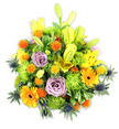 A lush, mounded bouquet set against a clean white backdrop, arranged with the eye of a neighbourhood florist and the feel of a late-spring garden. Bright yellow Asiatic lilies dominate, some opened wide to reveal freckled throats and stamens, others still as graceful, chartreuse-tinted buds reaching upward to give the composition subtle verticality. Scattered through the mass are cheerful orange Gerbera daisies, their flat, sun-like faces radiating from darker centres, and smaller spherical orange-yellow button blooms that add playful pops of texture. Soft lavender-purple roses are tucked in like quiet confidantes, their velvety spiralled petals offering a gentle cool note among the warm hues. Ruffled lime-green button chrysanthemums fill the negative spaces, creating a mossy, tactile volume that makes the arrangement feel very full and generously composed. Several steel-blue sea thistles (Eryngium) push out on spiky stems at the sides and lower edges, providing a sharp, architectural contrast in both colour and form that modernises the classic palette. A variety of glossy and textured greenery frames the flowers, giving depth and a natural, garden-picked finish; the overall scent is a subtle wash of sweet rose and lily fragrance under bright, soft studio light. As a Golders Green florist would suggest, this bouquet suits celebratory tables, thoughtful get-well wishes, or an uplifting sympathy tribute - its combination of warmth, structure, and gentle perfume is versatile and heartfelt. Delivered locally, it reads as both joyful and composed, the sort of arrangement someone might place to brighten a living room near Golders Hill Park or an intimate dining table on Golders Green Road.