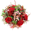 A rich, full-bodied bouquet fills this overhead composition, photographed against a clean white background that highlights every nuance of red, pink, and green. Dominating the design are several deep crimson roses, their velvety petals unfurling in tight yet generous spirals, suggesting mature blooms at the peak of their beauty. Between these opulent roses, clusters of pale pink waxflowers emerge, each made up of tiny star-shaped blossoms with soft yellow centres, like scattered confetti that lightens the mood of the bouquet. The combination creates a balance between passionate intensity and gentle sweetness, echoing the layered emotions behind a romantic gesture or anniversary delivery somewhere off Golders Green Road. A base of lush green foliage forms a rounded, domed silhouette, making the bouquet feel substantial and embracing. The greens vary from broad, darker leaves providing structure to slimmer, more flexible stems that soften the edges and add a sense of movement, as if the flowers had just been gathered from a well-kept garden. Among this foliage, you can see striking burgundy and bronzed leaves with reddish-brown veins, bringing a sophisticated, almost metallic depth that adds a modern twist a local florist might choose for a special dinner at home near Golders Hill Park. Tucked discreetly throughout the arrangement, smaller dark red flowers-likely alstroemeria or a similar species-introduce further shades of crimson and extra layers of texture. Soft, even lighting washes over the bouquet, ensuring every petal edge and leaf vein appears crisp and saturated with colour. At the base, a sliver of red and white patterned tag or ribbon peeks out, indicating this is a thoughtfully finished gift bouquet, perfect for same-day delivery around Golders Green as an elegant expression of love, admiration, or heartfelt thanks.