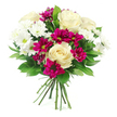 A beautifully balanced hand-tied bouquet sits against a clear white background, its rounded shape and carefully chosen flowers giving an immediate sense of calm celebration, like a little piece of Golders Green spring captured in bloom. At the centre, large creamy white roses unfurl in generous spirals, their petals thick yet velvety, overlapping in soft whorls that hint at timeless romance and steady affection. Around them, clusters of white spray chrysanthemums add a light, airy counterpoint, each small flower composed of fine, elongated petals framing a pale green-yellow eye, lending the arrangement a feeling of clarity and innocence. Threaded between these whites, deep magenta and fuchsia spray chrysanthemums bring a confident splash of colour, their dense, layered petals shaped into rounded blooms that feel lively and modern, like a joyful exclamation within the bouquet. Rich, dark green foliage wraps around the flowers, the leaves smooth and slightly glossy, catching highlights from the even, studio-style lighting and providing a lush frame that enhances every bloom. The stems beneath are visible, cut cleanly, gathered tightly, and tied, showcasing experienced florist craftsmanship and making the bouquet ready to slip into a favourite vase on a windowsill overlooking Golders Green Road or a quiet street near Brent Cross. The composition is crisp and uncluttered, with the neutral white background allowing the creamy, magenta, and green tones to stand out vividly. This arrangement feels perfect for birthdays, anniversaries, or simple gestures of gratitude across NW11, an ideal bouquet to send when you want to brighten someone's home near Golders Hill Park with a fresh, elegant reminder that they are thought of and appreciated.