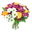 A richly coloured hand-tied bouquet of fresh flowers stands out crisply against a pure white background, its rounded, full shape conveying abundance and care, as if just finished in a busy Golders Green flower shop. At the centre, open bi-colour roses draw the eye, their petals moving from bright golden yellow at the heart to warm orange and delicate reddish-orange tones at the edges, like a small, glowing sunset captured in bloom. Surrounding these signature roses are clusters of white daisy chrysanthemums, each flower marked by a vivid lime-green centre that adds a clean, contemporary freshness. Interspersed throughout are deep magenta and fuchsia chrysanthemums, compact and densely petalled, with cheerful yellow-green eyes that echo the centres of the white daisies and tie the whole palette together. Dark green, glossy foliage nudges between the blossoms, adding depth, framing the colours, and giving the bouquet a balanced, natural structure reminiscent of a well-kept NW11 garden. At the bottom, the stems are visible, neatly trimmed and bound, suggesting a professional, hand-tied bouquet ready to be placed in a favourite vase in a home near Golders Hill Park or along Finchley Road. The lighting is even and bright, revealing fine details in every petal and leaf, while the overall sense is one of joy, optimism, and warm appreciation. This mixed arrangement, with its interplay of yellow, orange, white, magenta, and fresh green, feels perfect for birthdays, congratulations, or simply sending a bit of colour and cheer to someone special in and around Golders Green.