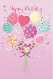 A whimsical birthday scene seems to drift above Golders Green like a pastel daydream. The image is set on a smooth, powder-pink background, where a cluster of balloons rises with quiet joy, as if lifted by birthday wishes. Each balloon is unique: some are wrapped in candy-coloured stripes, others are sprinkled with playful polka dots or tiny drawn flowers, and one central balloon forms a tender heart shape filled with soft colour. Hues of blush pink, sea green, lemon yellow, lavender, and teal mingle effortlessly, creating a light, airy mood reminiscent of a sunny stroll through Golders Hill Park. Beneath this floating cluster, a petite bouquet gathers at the base, appearing to be carried upward by the balloon strings. The flowers resemble delicate roses and anemone-like blooms in creamy ivory, peachy blush, and muted mauve, their petals layered and silky, as though just arranged by hand for a birthday delivery somewhere along Golders Green Road. The stems are cinched with a violet satin bow that glints as it catches the illustrated light, adding a refined, celebratory touch. Tiny star shapes and fluttering butterflies are scattered around the balloons and bouquet, like confetti caught mid-air at a party. Gentle lighting washes over the scene, highlighting the gloss of the balloons and the soft, natural glow of the flowers. Together, these elements create an image that feels festive yet tender, capturing the quiet thrill of being remembered with something thoughtful and beautifully made on a special birthday.