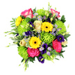 A vibrant hand-tied bouquet fills the frame, set against a smooth white backdrop that focuses attention entirely on the flowers, as though you were seeing it freshly finished in a Golders Green workshop. At the centre, hot pink roses with softly lightened, almost white edges unfurl in generous, velvety spirals, giving the design a rich, romantic core. Radiating from around these roses are bold yellow gerbera daisies, each with a velvety dark brown centre and layers of sunny petals that resemble little bursts of daylight, instantly lifting the mood. Between these larger stars sit clusters of lime green button chrysanthemums, their tight, rounded flowers offering a soft, cushion-like texture and a bright, zesty green that modernises the palette. Threaded around and between are daintier elements: airy sprays of lavender-blue, aster-style blossoms and slightly deeper purple, bell-shaped lisianthus that arc gently, adding both depth and a subtle sense of movement through the bouquet. The greenery is lavish but carefully chosen, combining smooth, broad leaves with finer, fern-like fronds and the occasional variegated leaf edged in white, echoing the roses' pale margins and providing a fresh, garden-picked character. Slim green buds and shoots emerge here and there beyond the main outline, hinting at new blooms still to come and giving the overall silhouette a lively, slightly untamed feel, reminiscent of flowers gathered near Golders Hill Park. The interplay of pink, yellow, green, and purple creates a cheerful, uplifting mood-an arrangement that would sit beautifully on a family table off Golders Green Road, serve as a comforting yet colourful sympathy gesture, or mark a special birthday with a burst of natural joy.