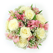 The photograph shows a lush, round bouquet viewed from directly above, positioned against a bright white background that lets every blossom stand out clearly, much like a floral mandala created by an expert Golders Green florist. Dominating the arrangement are generous ivory and creamy white roses, fully opened so that their petals spiral outward in poised, elegant layers. They have a soft, velvety appearance, with subtle shading in the folds that gives depth and a sense of fragrant richness. Woven between these classic roses are clusters of pink alstroemeria, their slim petals tinged with shades from pastel blush to slightly deeper pink and peach near the centres. Fine stripes and markings add a painterly detail typical of Peruvian lilies, bringing lively character to the bouquet without overwhelming its calm mood. Threading throughout is a haze of baby's breath, countless miniature white flowers gathered on slender stems, creating a frothy, cloud-like surround that softens every line and fills the negative space. Small glimpses of dark green foliage emerge beneath and between the blooms, adding contrast and a natural, garden-fresh spirit, as if the flowers had been picked from a private garden near Golders Green Road or the quiet residential streets of NW11. The bouquet is compact, evenly rounded, and carefully balanced, with no single flower overpowering the rest. The colour harmony of white, ivory, soft pink, and crisp green conveys gentle romance and new beginnings, making this design perfectly suited for birthdays, bridal moments, anniversaries, or simply bringing an elegant touch of calm and beauty into a loved one's home in and around Golders Green.