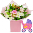 This image captures a bright and affectionate floral arrangement created specifically to celebrate the arrival of a baby girl, set against a pure white background that keeps every detail clear and uncluttered. The main focus is a rounded bouquet brimming with seasonal blooms, presented in a neat, light pink gift box that echoes the gentle, feminine theme. At the centre of the bouquet, a single bright pink Gerbera daisy opens out in a full circle, its petals forming a joyful spotlight. Around it, creamy white chrysanthemums and soft, speckled alstroemeria lilies in shades of pale pink and white weave together to create a soft, cloud-like feel. A few creamy yellow lily buds stretch upwards, still closed, mirroring the sense of new beginnings in a baby's first days. Threaded throughout are bright lime-green button flowers that bring a refreshing pop of colour, while clusters of deep red hypericum berries nestle between stems, adding warmth and visual depth. Glossy dark green leaves and airy fern fronds fill out the arrangement, their varied textures suggesting a bouquet just gathered and carefully shaped by a skilled florist familiar with homes and nurseries around Golders Green and nearby Hampstead Heath. The stems are wrapped in pastel pink tissue paper and a crisp layer of clear cellophane, which catch the light and hint at recent, careful preparation, ready for same-day delivery to proud new parents. To the right, a metallic foil balloon shaped like a classic baby pram adds a playful finishing touch. The pram balloon is mostly bright pink, with a purple hood and purple wheels decorated with multicoloured spokes, and across its side, large yellow and green letters joyfully proclaim It's a Girl!, surrounded by small heart motifs. Together, the bouquet and balloon form a charming scene that speaks of cuddles, celebrations, and welcoming a newborn daughter home in NW11.