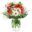 Radiating a comforting freshness and easy sophistication, this mixed bouquet in a clear glass vase captures the cheerful mood of Golders Green on a sunlit morning. At its centre, plentiful coral-pink carnations bloom with exuberant, ruffled petals, adding a lively energy and a touch of playful elegance. Clusters of pure white chrysanthemums, each with layers of tightly packed, soft petals, offer an uplifting counterpoint, like flashes of sunlight brightening an English garden. The scattered smaller daisies with bright green-yellow eyes impart an understated countryside charm, echoing the gentle wildflowers along Golders Green's leafy walkways. Tucked delicately between the central blooms, baby's breath clouds soften the arrangement, their lightness suggesting the delicate, airy feeling of early spring. On the bouquet's edge, deep magenta alstroemeria buds promise the emergence of deeper colour over time. Encircling everything, glossy and matte green foliage forms a supportive base, their lush tones grounding and highlighting the vibrant blooms above. The bouquet's beauty shines brightly against the pure white background, with no distracting shadows-just crisp details made vivid by even, natural light. Presented with the reliable care of Flowers Golders Green, this bouquet is ideal for birthdays, new beginnings, or simply enveloping a loved one in a joyful gesture-ready to grace homes and occasions throughout NW11 with its enduring freshness.