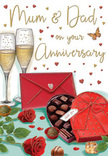 This illustrated anniversary card captures the feeling of a special evening at home in Golders Green, where every detail is chosen to honour a lasting partnership. At the centre of the design, a heart-shaped chocolate box in deep, romantic red sits proudly open, its lid tipped aside to reveal a careful arrangement of glossy chocolates. A generous red bow loops across the lid, its smooth texture almost tangible, as if it had just been untied by loving hands. Nestled beside the box, two red roses lie gracefully on the table, their petals full and velvety, the colour rich and saturated like the finest florist-selected stems brought in fresh from local markets. Their green leaves curl softly around them, lending a natural, garden-fresh contrast. Rising just behind this arrangement, two elegant champagne flutes stand close together, filled with pale golden fizz, bubbles suspended mid-rise in a way that suggests a toast is about to be made. The glasses catch a warm, ambient light, reminiscent of an anniversary supper after a same-day flower delivery has arrived at a home just off Golders Green Road. Around the central elements, delicate gold and crimson hearts drift across the card, creating a sense of movement and celebration without overpowering the composition. At the front, a scarlet envelope, sealed and ready to be opened, hints at the presence of thoughtful, handwritten words. The overall mood is intimate and joyful, like a quiet anniversary scene where roses, chocolate, and champagne come together to mark another cherished year shared in NW11.
